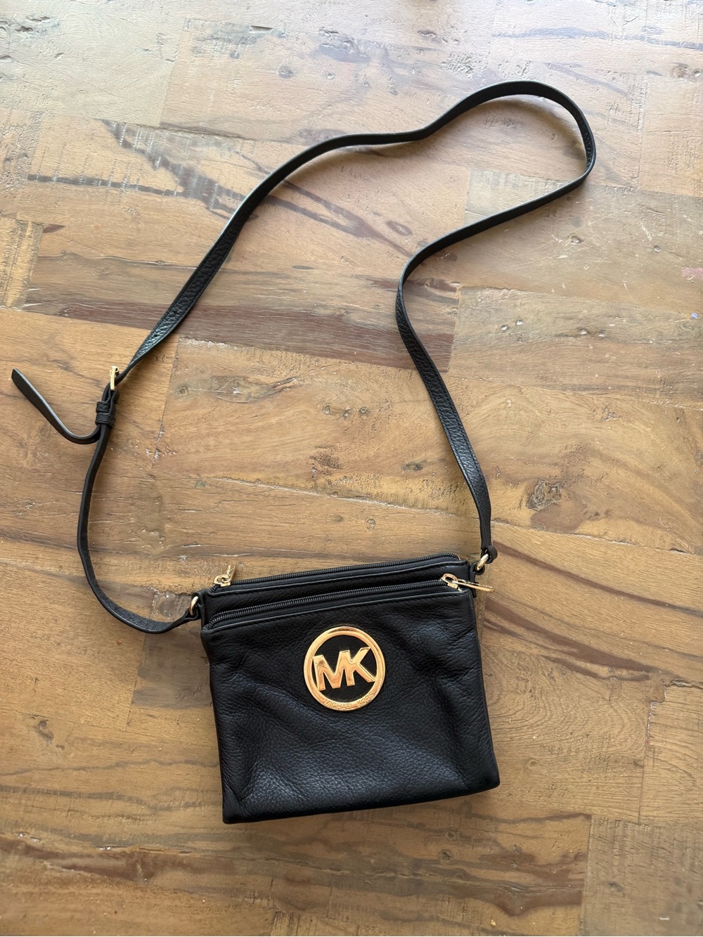 Michael Kors Black Leather Bag with Gold MK Emblem